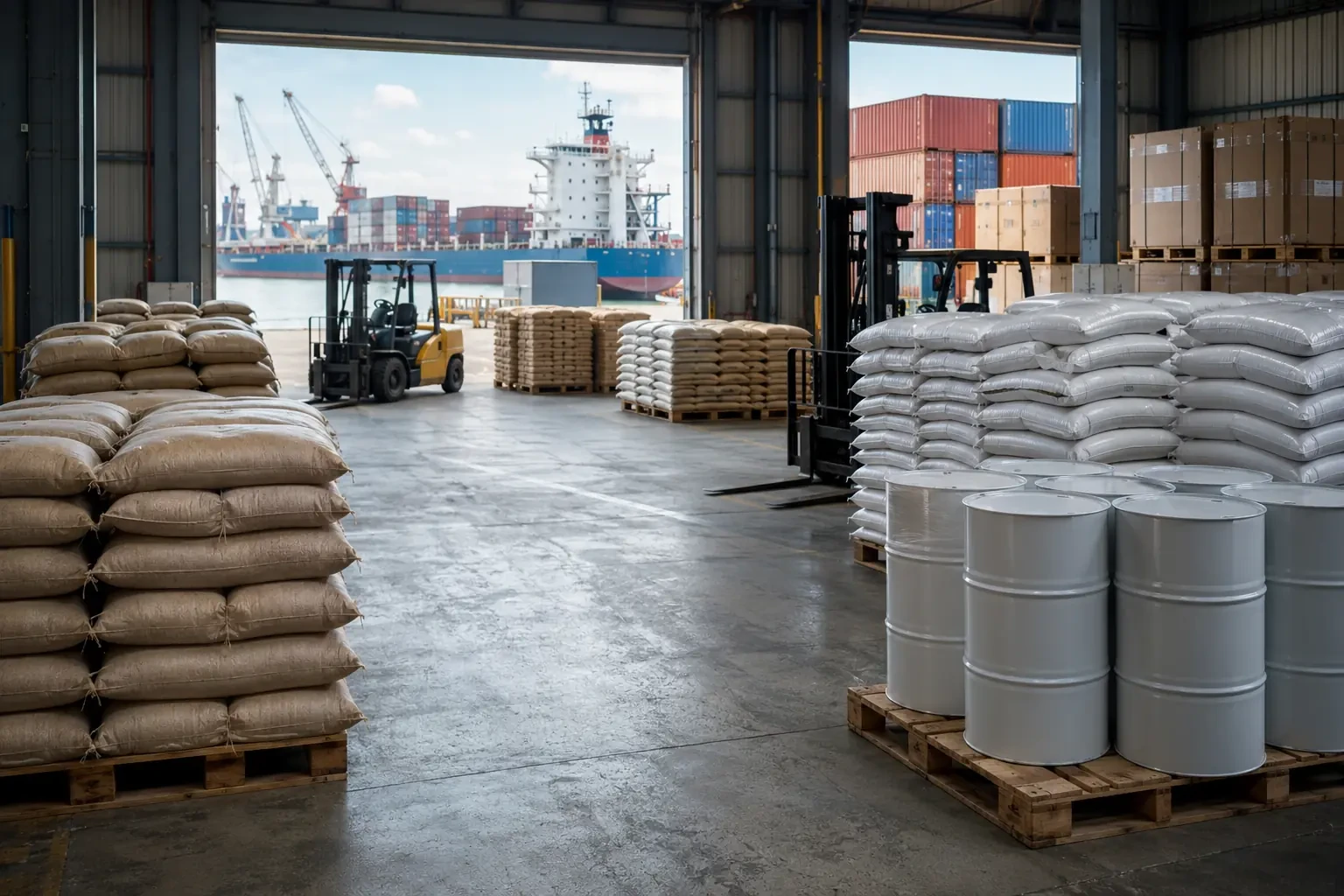 Organised commodities and industrial products inside a port-side logistics warehouse