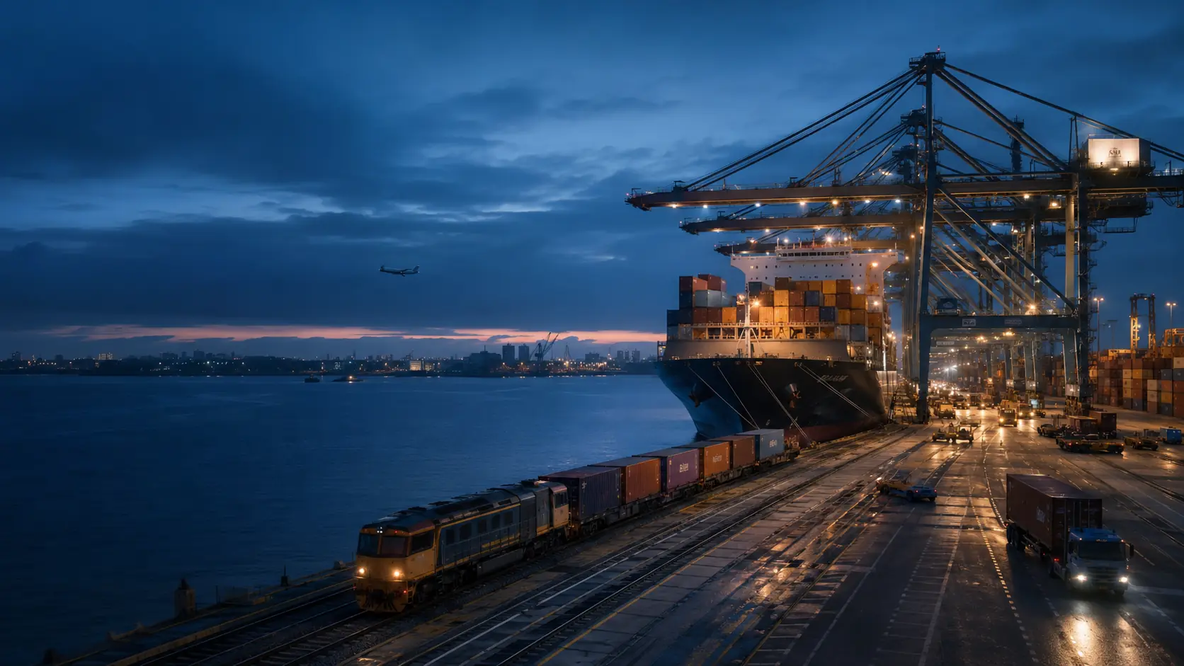 Container vessel, gantry cranes, freight train and trucks connected at an international cargo terminal