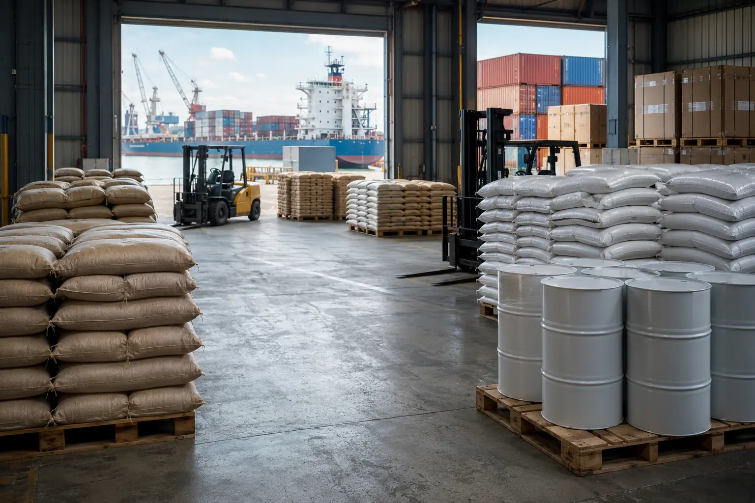 Organised commodities and industrial products inside a port-side logistics warehouse